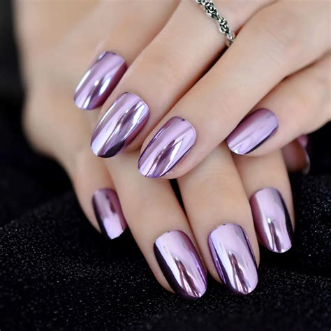 Chrome Oval Purple Short Nails Mirror Effect Metallic Nails Violet