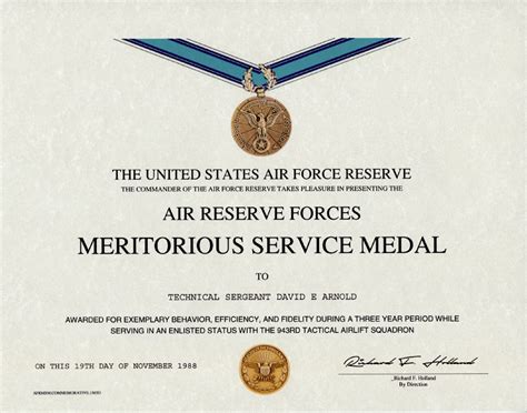 Air Reserve Meritorious Service Medal Certificate