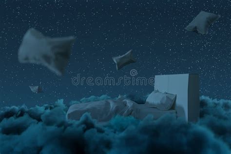 3d Rendering Of Cozy Bed Over Fluffy Clouds At Night Stock Illustration