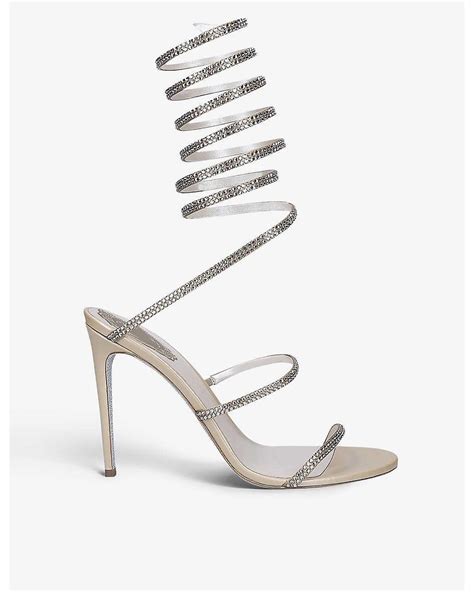 Rene Caovilla Cleo Crystal Embellished Satin Leather Heeled Sandals In Metallic Lyst Canada
