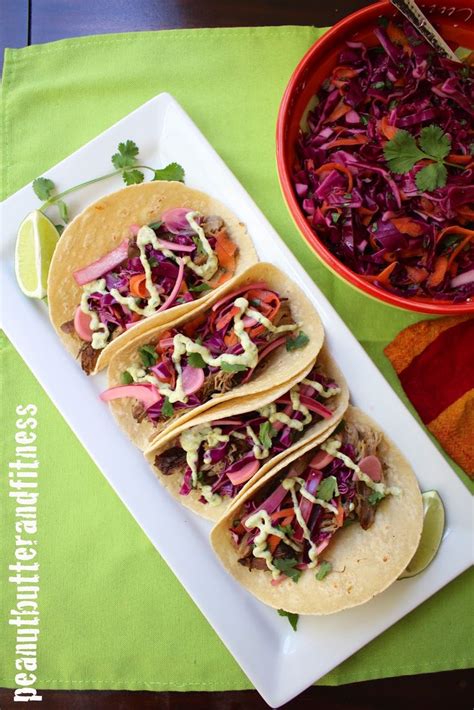 Carnitas Tacos With Red Cabbage Slaw And Poblano Cream Sauce Peanut