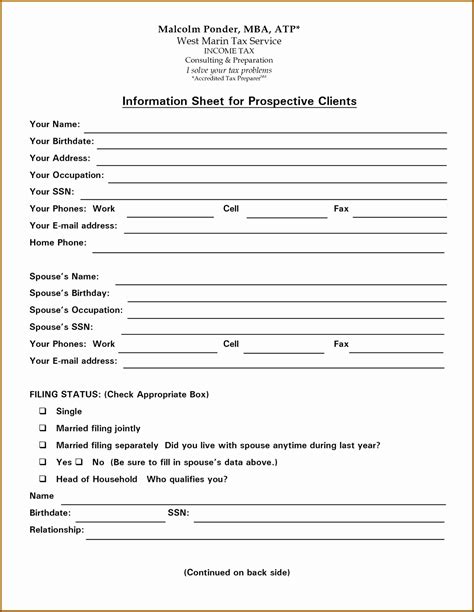 A legal client intake form is an instrument used for onboarding clients to a law firm. Tax Preparation Client Intake Form Template - Form ...