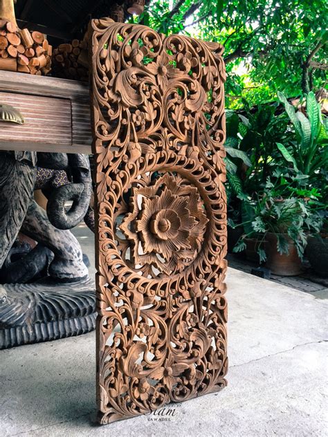 Natural Carved Bed Headboard Panel Wall Art Sculpture Thai Teak Wood