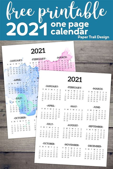 Calendar 2021 Printable One Page Paper Trail Design Calendar