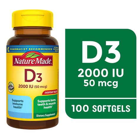 Nature Made Vitamin D3 2000 Iu 50 Mcg Softgels Dietary Supplement For Bone And Immune Health