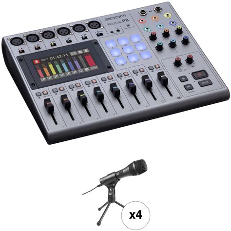 Zoom Podtrak P8 Podcast Recorder With 4 Person Dynamic Mic Kit