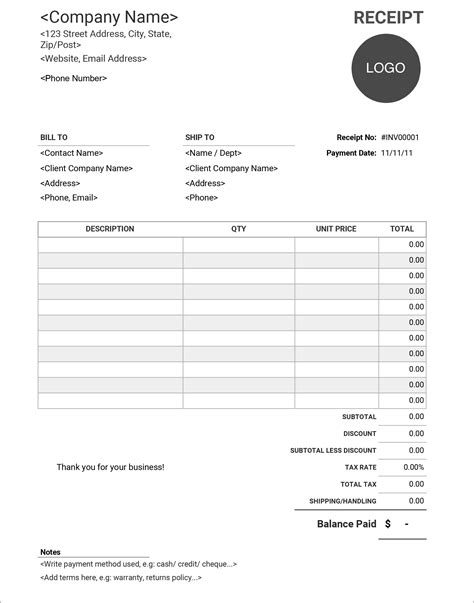 Receipt Template Free Printable