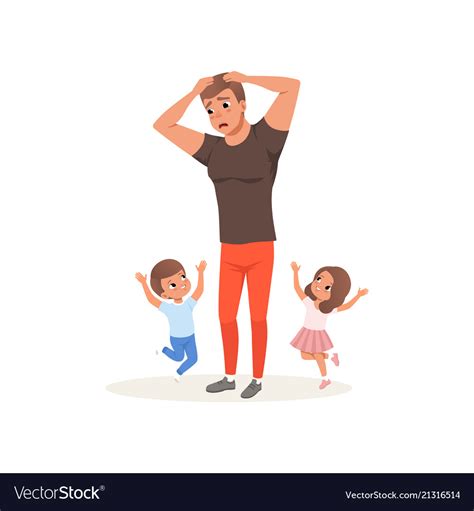 Tired Father And His Children Who Want To Play Vector Image
