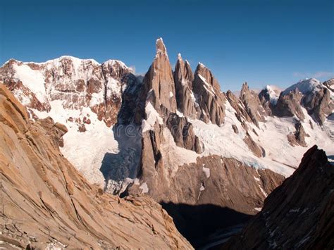 Cerro Torre Mountain Seen During A Rock Climbing In Patagonia Stock