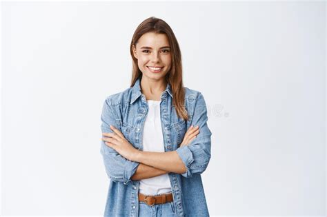 Portrait Of Smiling Confident Woman Feeling Ready And Determined Cross Arms On Chest Self