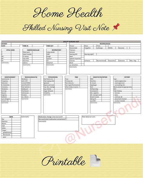 Skilled Nursing Visit Note Home Health Printable Digital Copy Template
