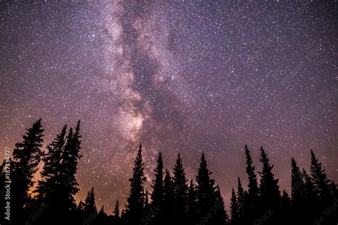 Milky Way Tree Line Silhouette Of Pine Trees Against A Colorful Milky