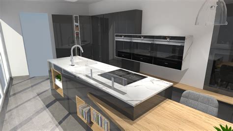 Le noir mat lui apporte un côté prestigieux, le plan en pierre, le cachet et l'espace repas en bois massif la chaleur. Cuisine moderne avec îlot phénix gris anthracite et bois