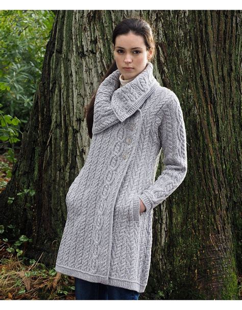 aran style large collar coat irish knitwear aran coatigan irish handcrafts irish knit sweaters