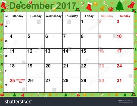 Calendar 2017 Months December Holidays Us Stock Illustration 451193167