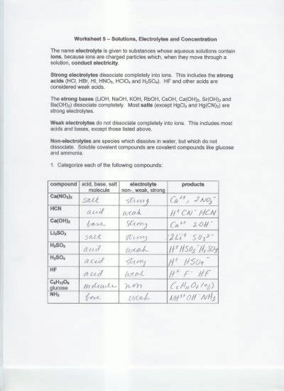 Worksheet 5 Solutions Electrolytes And Concentration