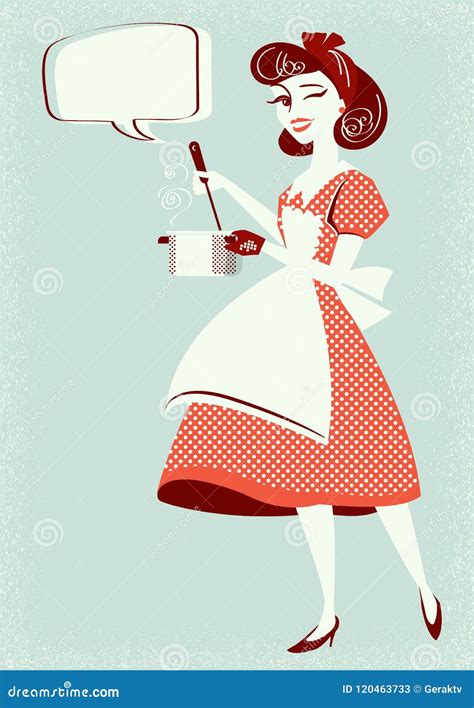 Young Housewife Cooking Soup In Her Kitchen Roomvector Illustration