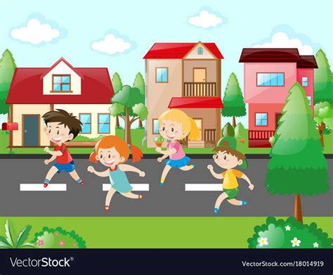 Children Running In The Neighborhood Royalty Free Vector Children