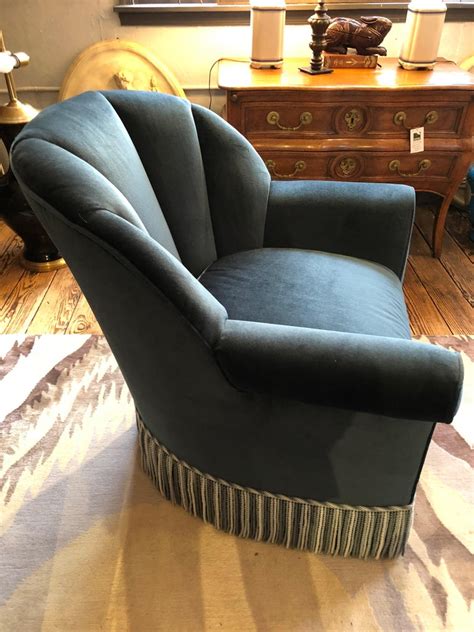 Blue velvet chair and ottoman. Sumptuous Pair of Blue Velvet Barrel Shaped Club Chairs ...