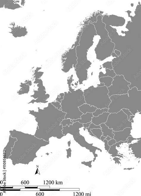 Europe Map Vector Outline With Scales Of Miles And Kilometers In Gray
