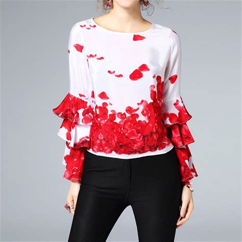 spring women elegant silk floral print blouse 2018 fashion o neck red flower shirts new european