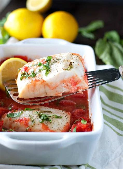 Frying can increase the fat content of fish and shellfish, especially if they're cooked in batter. 4-Ingredient Baked Fish with Tomato Basil Sauce - The ...