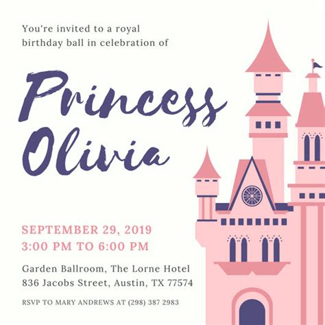 Pink And Purple Illustrated Royal Castle Princess Birthday Invitation