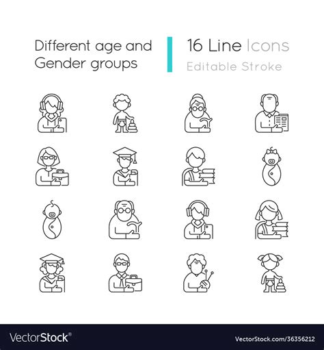 Different Age And Gender Groups Linear Icons Set Vector Image