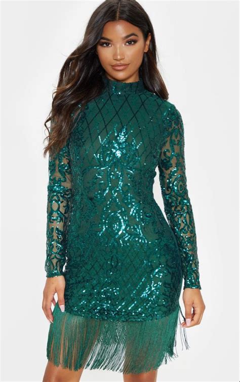 Emerald Green Sequin Long Sleeve Tassel Hem Bodycon Dress Prom