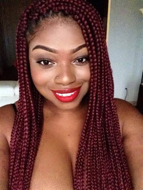 Greatly similar to each other, the box braid and goddess braid combo is a force to be reckoned with. Red box braids on a gorgeous beauty. #boxbraids # ...