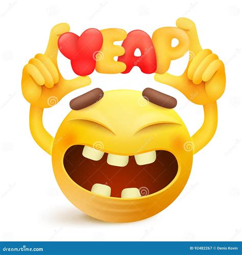 Gelbe Smiley Emoticonzeichentrickfilm Figur Mit Yeap Titel Stock