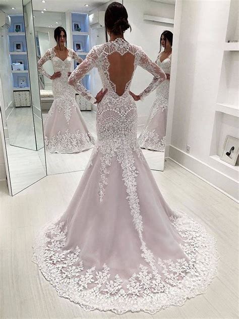 Stunning Lace Sequins Long Sleeve Mermaid Open Back Wedding Dresses A