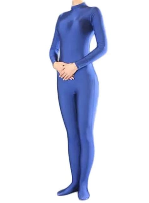 Royal Blue Womens Long Sleeve Unitard Turtleneck Spandex Lycra Zentai Bodysuit No Hood Zipper