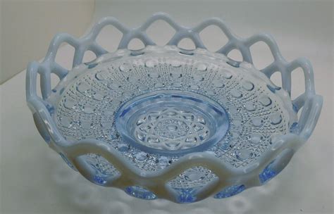 Vtg Imperial Glass Katy Blue Opalescent Glass Lace Edge Round Bowl Dish
