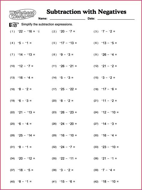 Adding And Subtracting Positive And Negative Numbers Worksheet