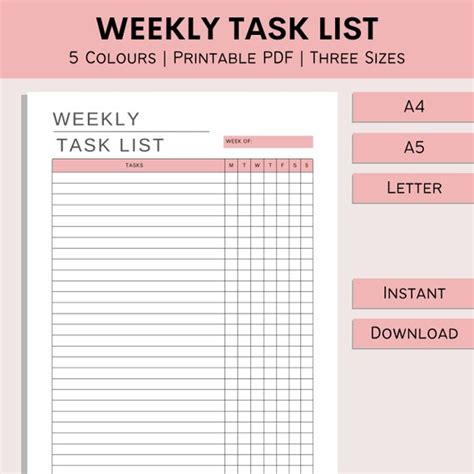 Weekly Task List Printable Daily Checklist Day To Day Etsy