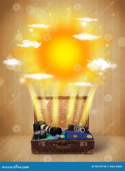 Summer Bright Sun With Clouds And Tourist Bag Stock Photo Image Of