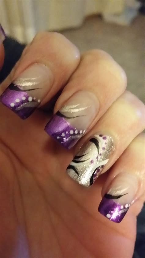 Purple And Silver With Design Nails Purple Silver