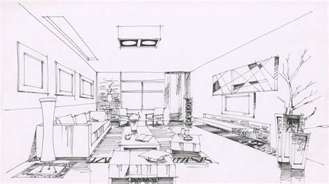 Living Interior Design Sketches Room Perspective Drawing
