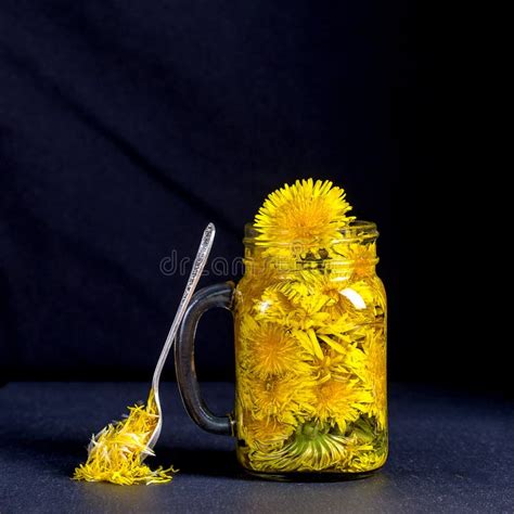Dandelion Yellow Flower Tea Drink In Glass Mug On Black Background