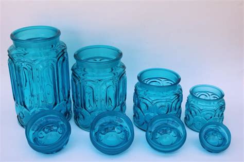 Vintage Four Canister Jars Set Le Smith Blue Glass Moon And Stars Pattern