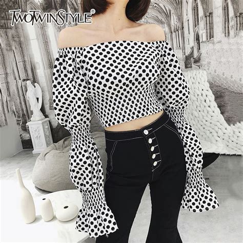 twotwinstyle dot blouse for female slash neck tunic high waist flare sleeve women s crop top