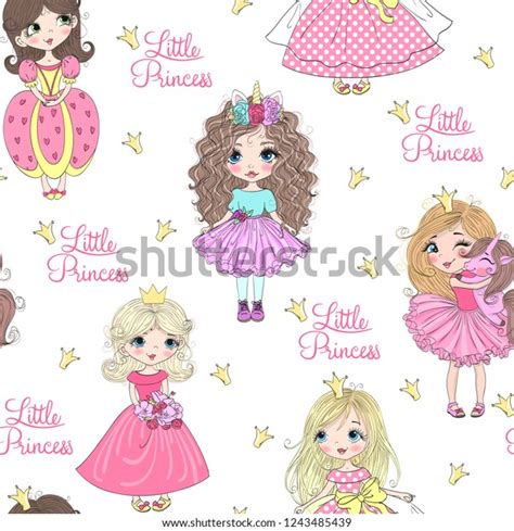 Cartoon Seamless Pattern With Cute Little Princess Girls Vector