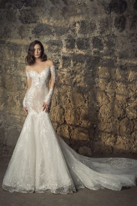 Off The Shoulder Long Sleeve Lace Mermaid Wedding Dress With Sequin