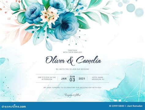 Blue Wedding Invitation Card With Watercolor Floral Decoration And