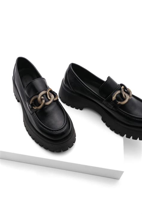Kadın Zincir Tokalı Loafer Günlük Ayakkabı Zozes Siyah Marjin Ayakkabı