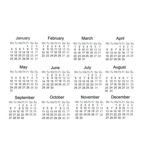 Calendar Year 2021 Days Weeks And Months Vector Illustration Stock