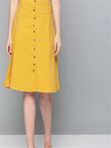 Buy Hereandnow Women Mustard Yellow Solid A Line Chino Skirt Skirts For