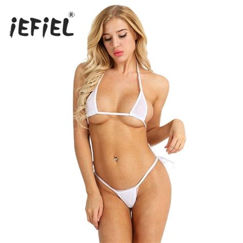 iefiel sexy women lingerie set mesh see through halter bikini top with tie side g string brief