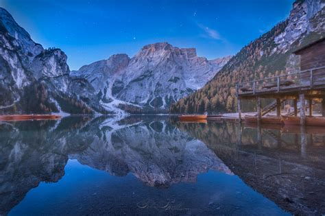Blue Hour At Lago Di Braies Dolomites South Tyrol Italy